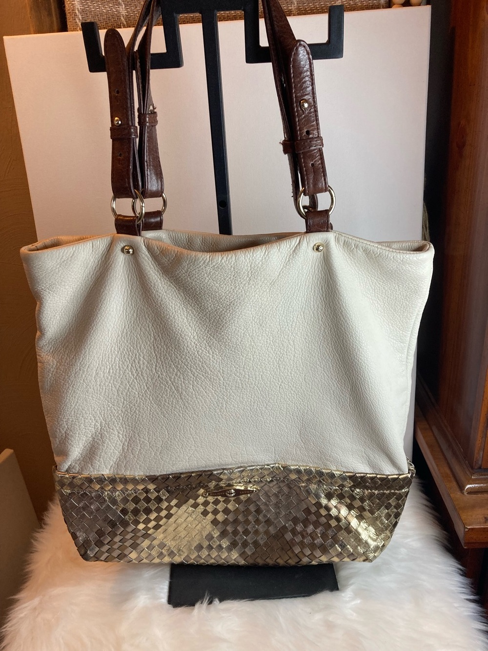 Elliott Lucca Cream and Gold Women's Leather Tote Bag with Brown Handles